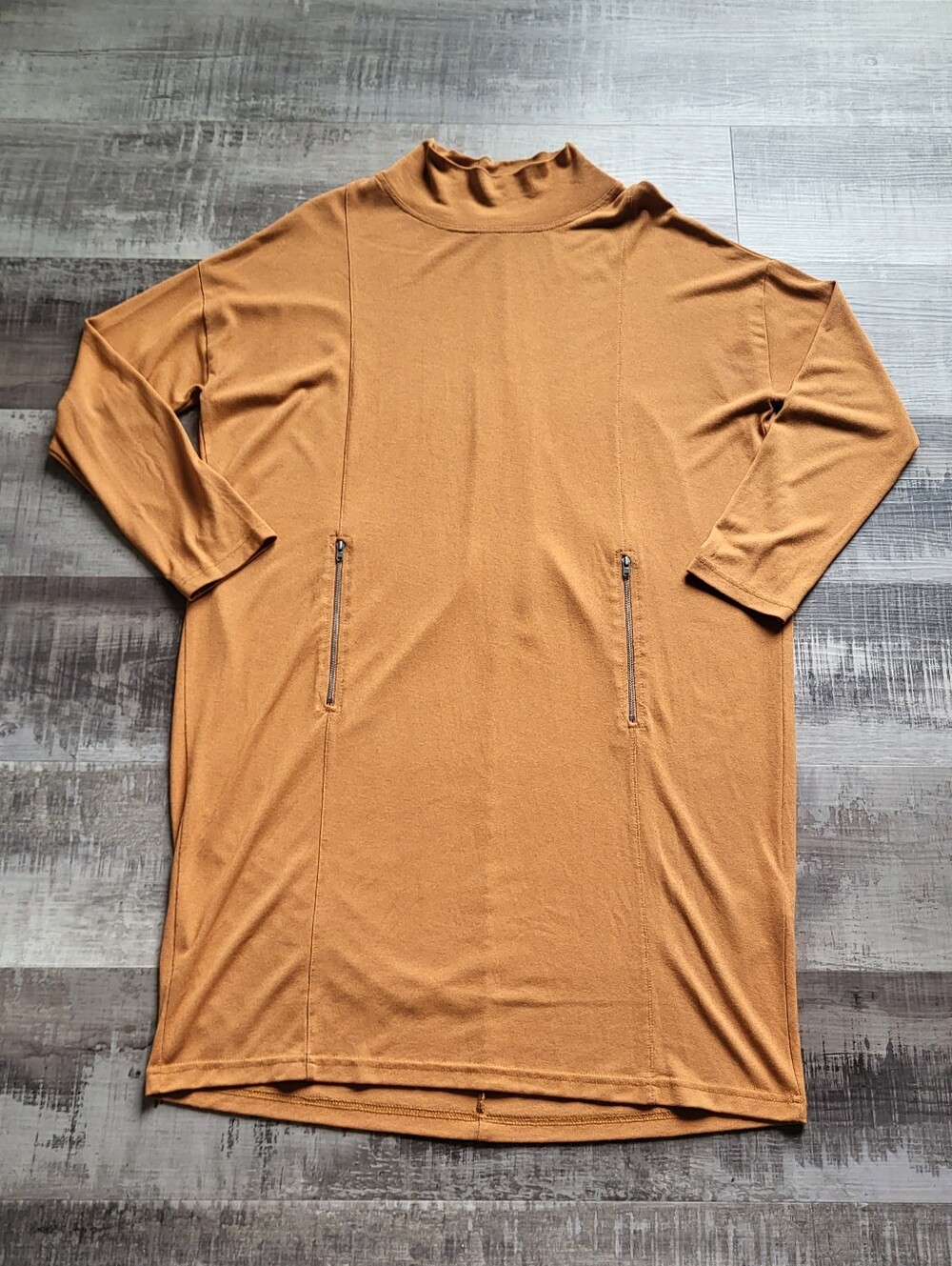 Masai Shirt Dress Midi Size Medium Brown Orange Long Sleeve Stretch Mock Neck